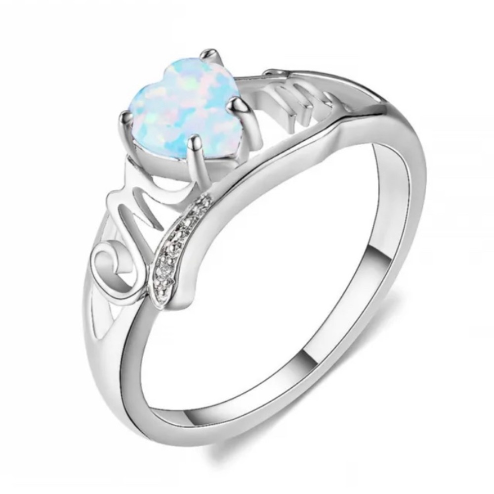 Ring Size 9 Faux Heart Shaped White Opal Silver Plated Band